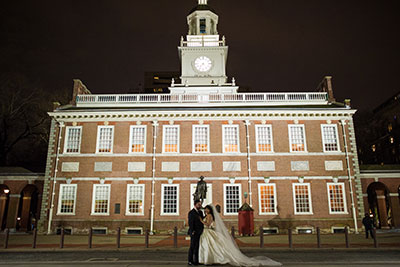 Bride and Groom in front of historic Philadelphia building