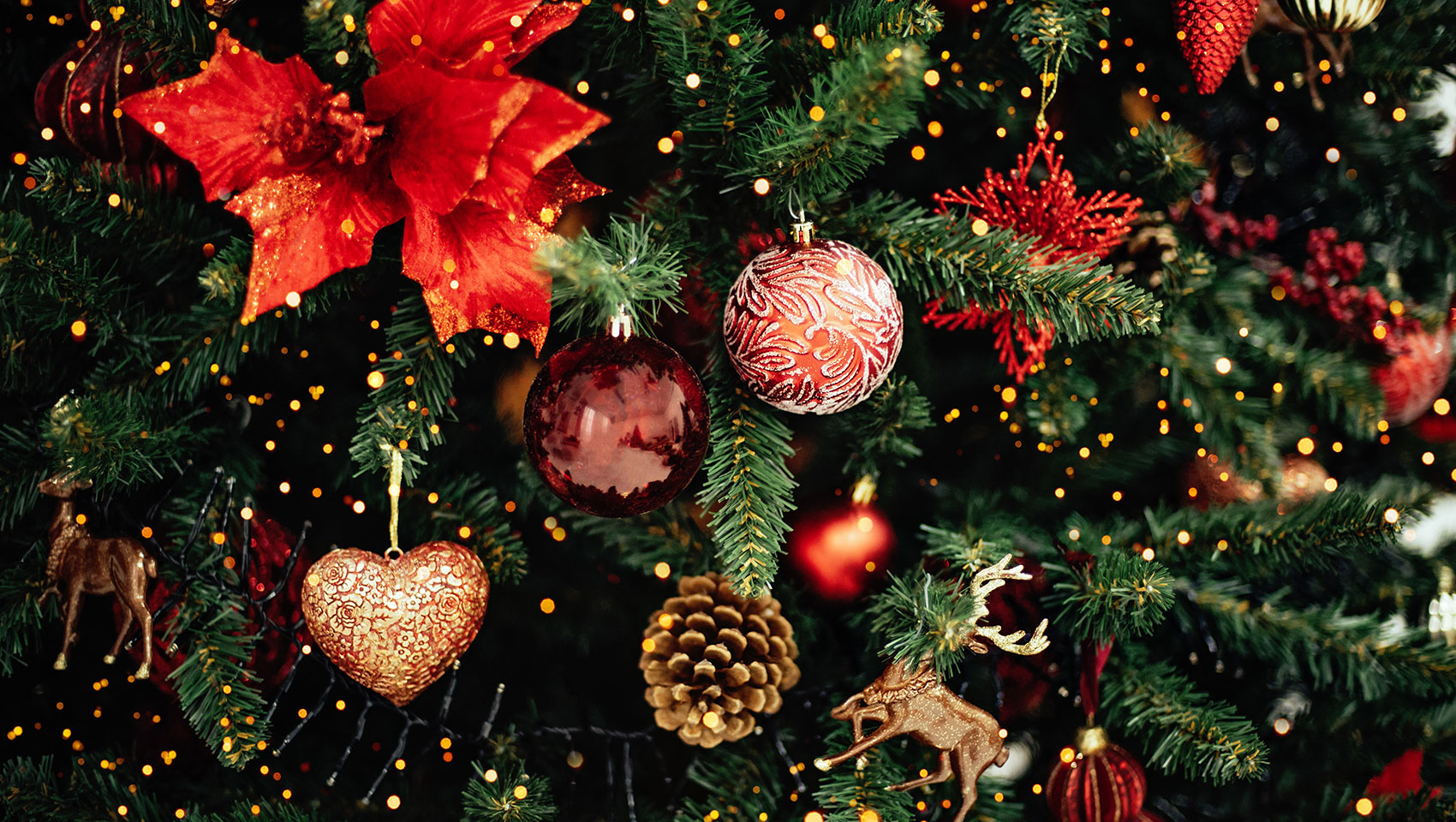 close up of decorations on a christmas tree in the lobby