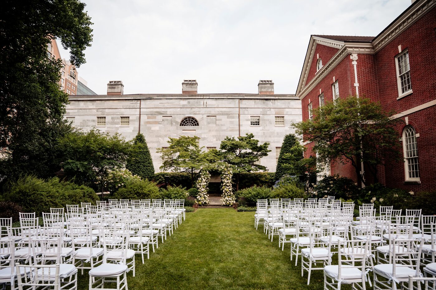 Ceremony chairs set on the lawn at Thomas Jefferson Garden