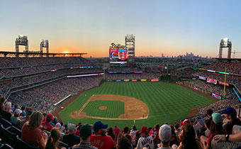 Overlooking a Phillies baseball game and stadium crowd