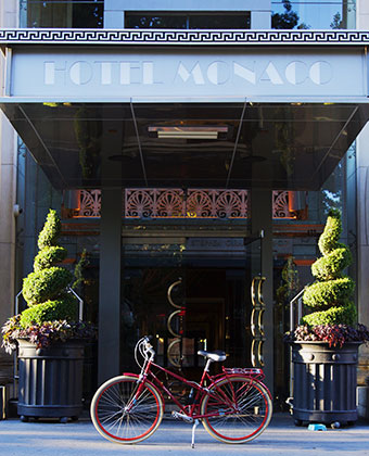 Entrance of hotel with bike parked out front